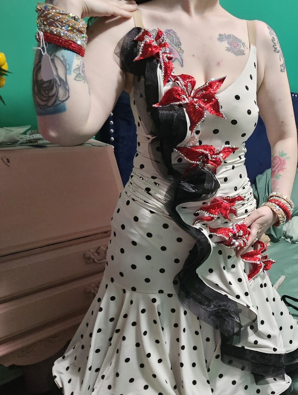 "Lola" - Polka Dot couture Valeria Designs Swing dresss w/ red Swarovski flowers - Picture 11 of 15